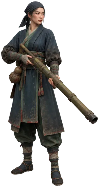 Bamboo Gunner memanggul tabung api bambu berikat tali