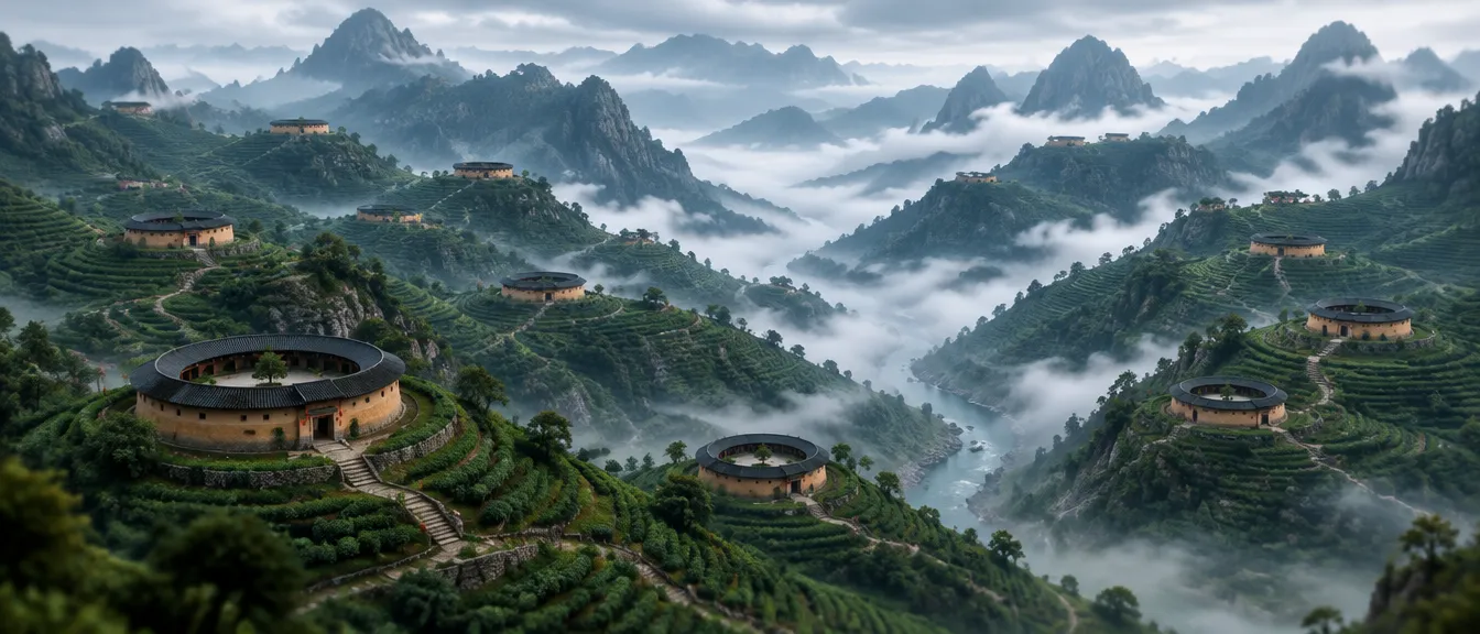 Peta The Tea Ranges: benteng tanah bundar tersebar di lereng teh berteras pada ketinggian berbeda, sungai berkabut di lembah, puncak runcing di belakang.