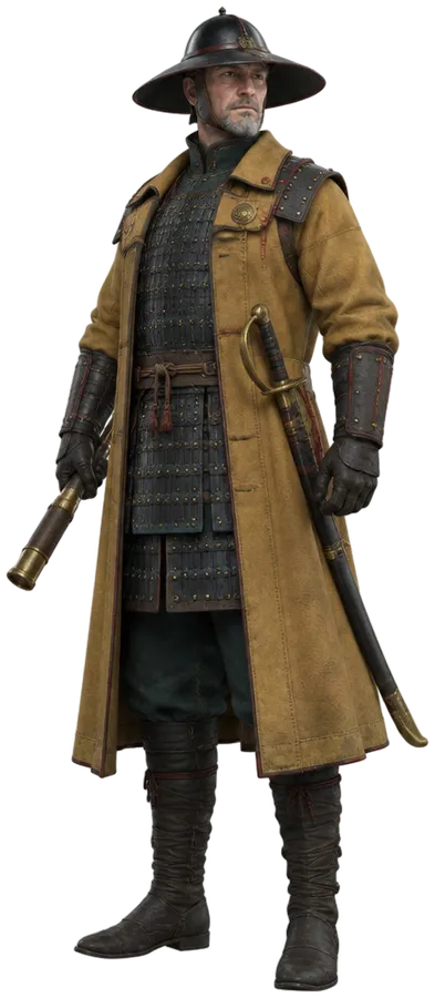 The Lowland Marshal berdiri di tangga batu depan gerbang dengan teropong kuningan di tangan.