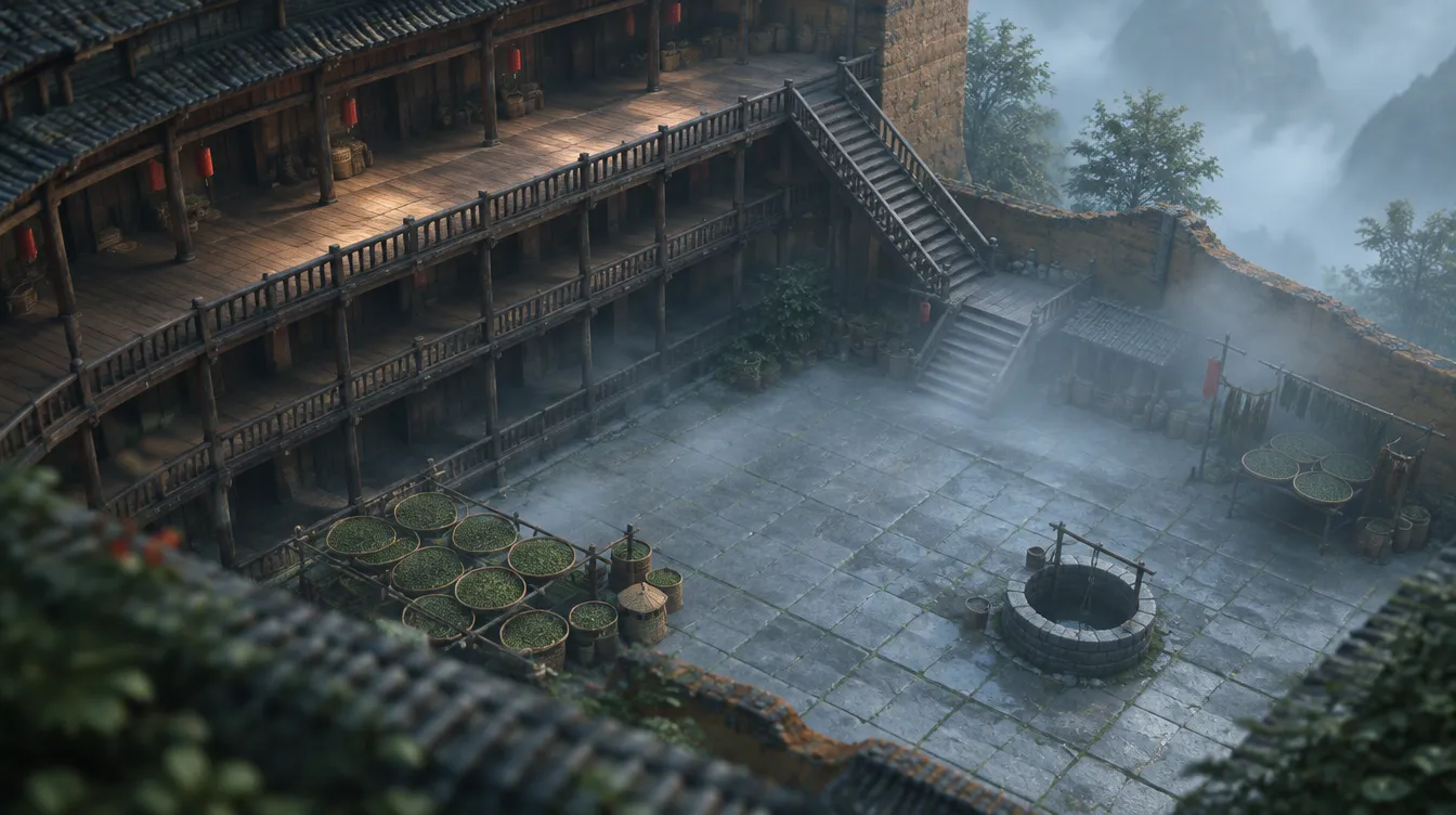 Tangkapan in-game isometrik: serambi kayu empat lantai di dalam dinding tanah, tangga turun ke halaman berubin batu, sumur di kanan bawah.